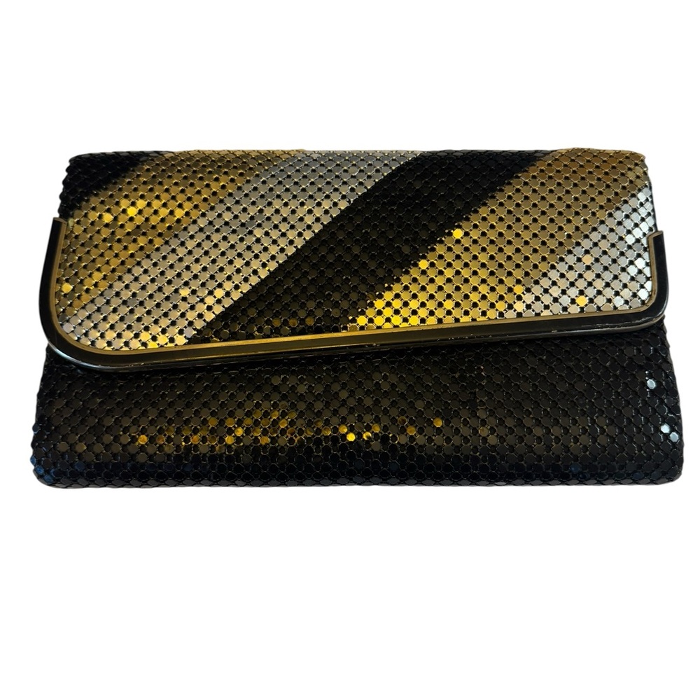 Metallic Mesh Clutch – Black Gold Silver Diagonal Stripe – Metal Trim – 12” Wide